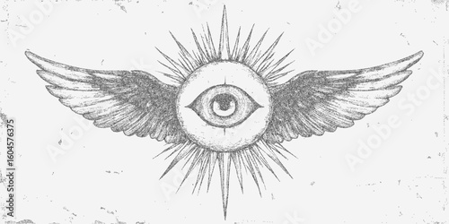 Winged eye with a sun in the center. Halftone stipple sketch with dotted texture, photocopy paper and strong threshold lines, retro look.