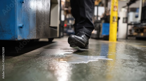 Worker steps near spilled lubricant on factory floor, highlighting importance of safety in industrial environments. scene captures potential hazards present in manufacturing settings
