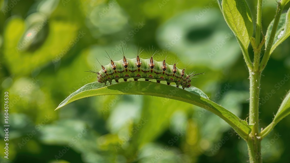 Fototapeta premium A crawling caterpillar moves on a green stem