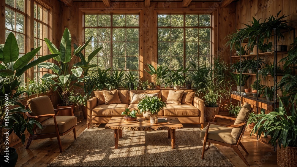 Fototapeta premium An indoor area abundant with green foliage and natural light generated by AI