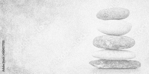 Stack of smooth stones, concept of balance. Retro stipple piece with grainy halftone dots, faded photocopy effect and high threshold contrast, classic zine vibe.