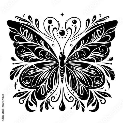 Ornate Black Butterfly Silhouette with Swirling Flourishes