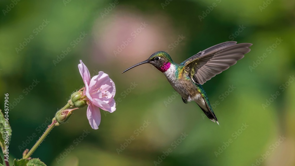 Fototapeta premium A lively hummingbird fluttering by a gentle pink flower in the wild