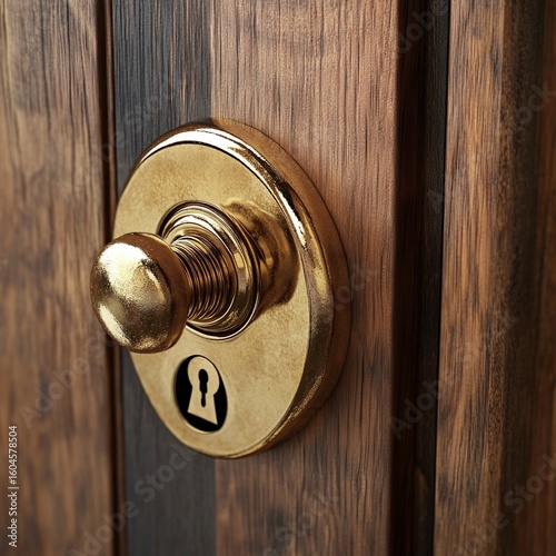 Golden doorknob gleams against the textured wood door, providing a secure entry point with a touch of classic elegance.