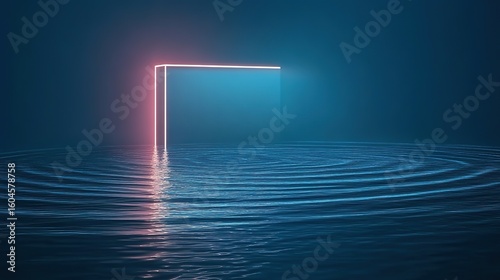 Minimalist Blue Water Ripple Background with Glowing Neon Box Vector Illustration, Flat Design No Shadows High Resolution Tech Aesthetic Hyper-Realistic for Digital Art and UI.