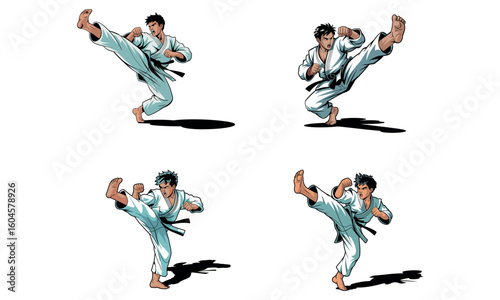 Karate fighter kicking illustration of martial arts athlete sport icons in color isolated design
