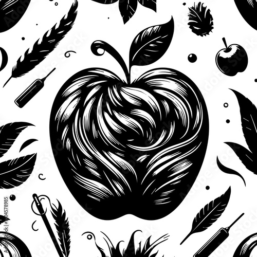 Stylized Black and White Apple and Feather Pattern