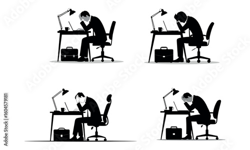 Tired office worker illustration of stressed businessman sitting at desk icons in black and white design
