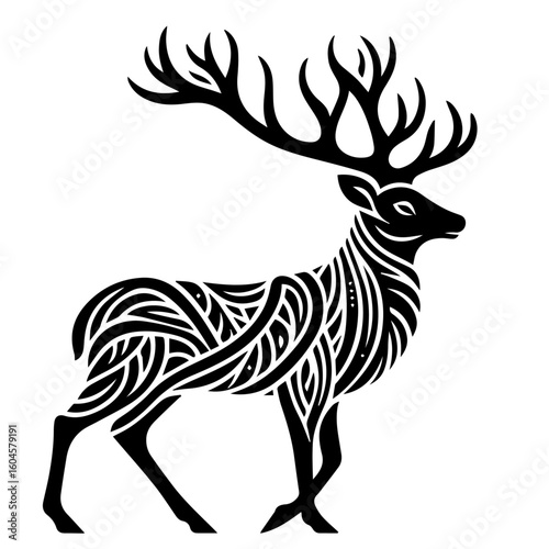 Stylized Black and White Deer Silhouette with Intricate Patterns