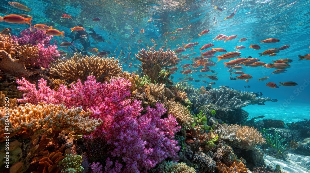 Obraz premium Colorful coral reef fish swim underwater. Sunlit, clear water. Use marine biology