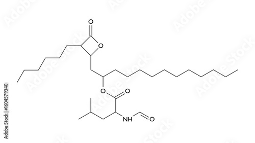 Fotografie orlistat molecule, structural chemical formula, ball-and-stick model, isolated i