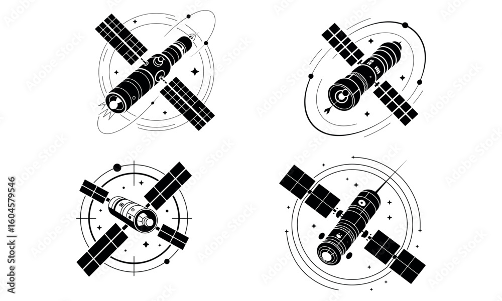 Fototapeta premium Satellite in space illustration of orbiting communication technology icons in black and white design 