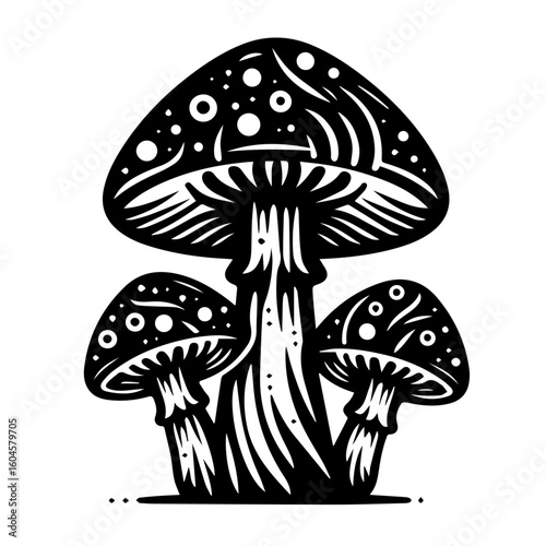 Stylized Black and White Mushroom Cluster Illustration