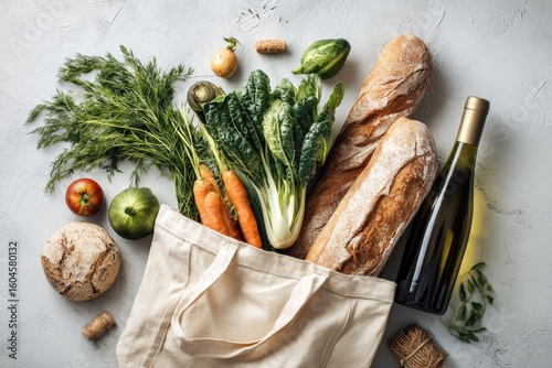 Grocery bag filled with fresh produce, bread, and wine