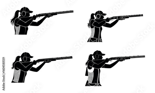 WebWoman shooting rifle illustration of female athlete aiming target sport icons in black and white isolated design
