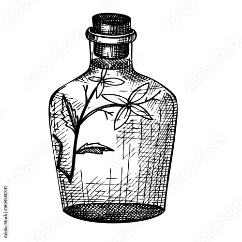 Hand drawn glass bottle with flowers sketch⁠
