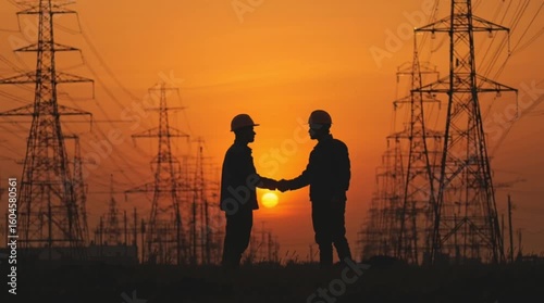silhouette of two figures shaking hands with power lines at sunset, symbolizing cooperation and agreement in the energy sector. The warm hues of the sky create a dramatic backdrop.