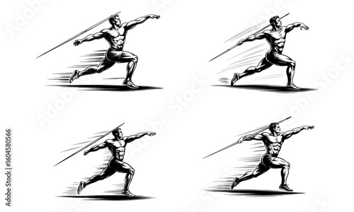 Javelin throw athlete illustration of track and field sport icons in black and white isolated design
