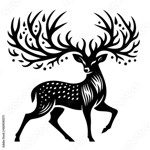 Stylized Black Deer with Ornate Antlers and Spotted Body