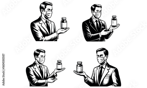 Businessman holding medicine bottle illustration of professional man icons in black and white isolated design
