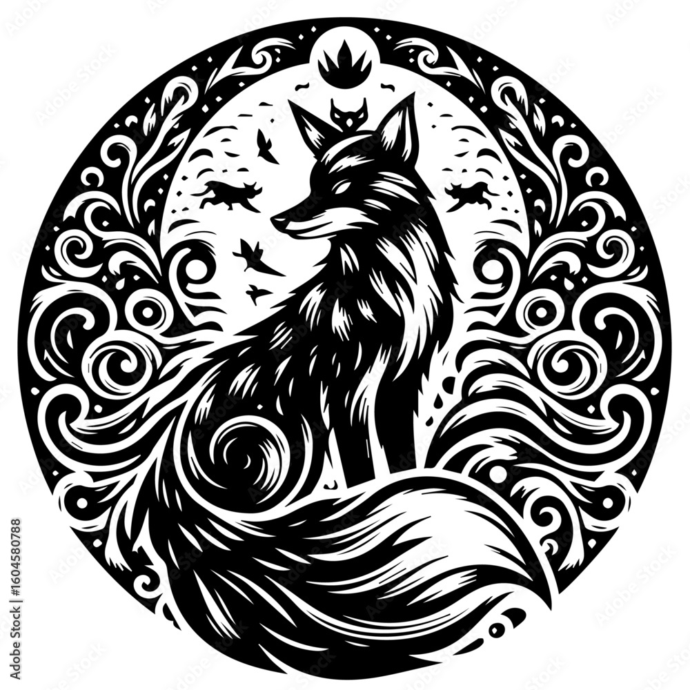 Obraz premium Stylized Black Fox with Ornate Circular Design