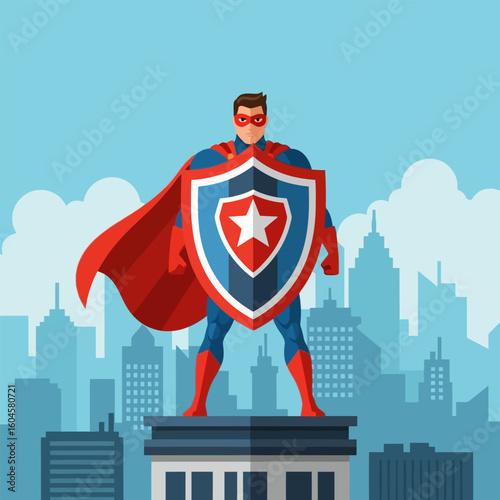 Superhero Standing Tall with Shield Overlooking City Skyline Illustration
