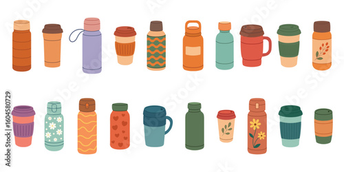 Set of travel thermos mugs. Thermoses, reusable cups, cups for hot drinks. Travel camping equipment. Vector illustration in flat style