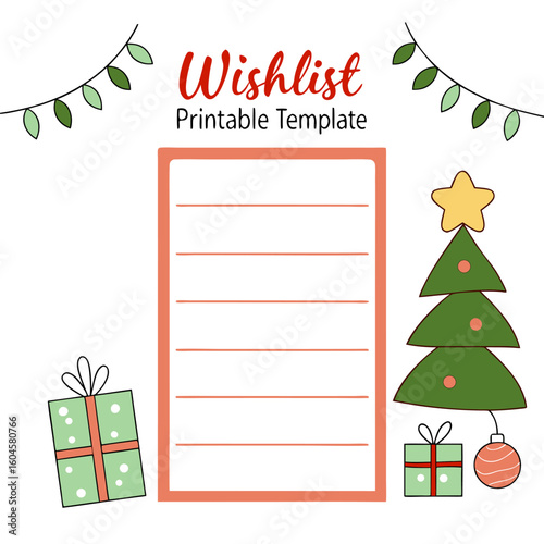 Christmas wishlist template with tree, gifts, lights and blank list for writing down holiday wishes and plans
