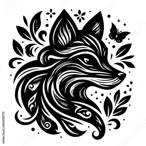 Wallpaper Mural Stylized Black Fox with Floral Elements and Butterfly Torontodigital.ca