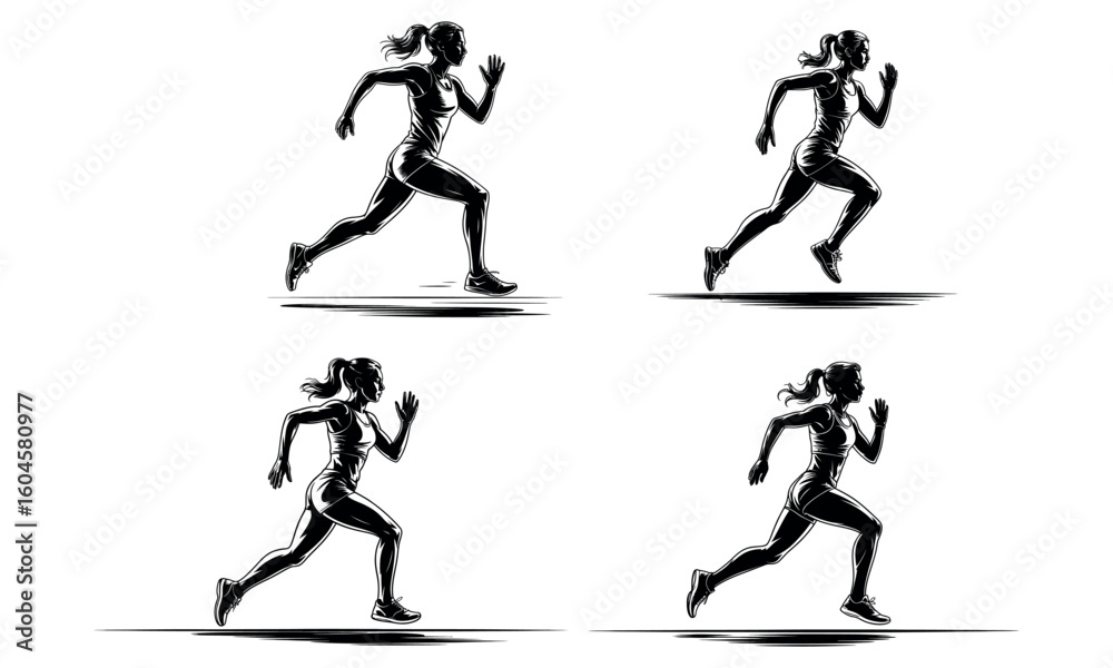 Running woman illustration of female athlete sprint sport icons in black and white isolated design
Running woman illustration of female athlete sprint sport icons in black and white isolated design