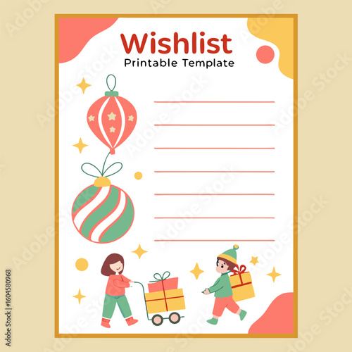 Christmas wishlist template with ornaments, children, and presents for holiday season planning needs and gifts
