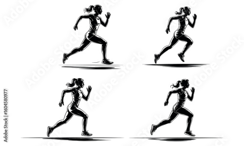 Running woman illustration of female athlete sprint sport icons in black and white isolated design
