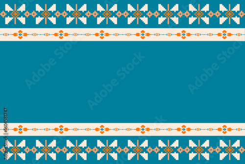 Traditional pixel-art ethnic textile pattern in orange, teal, and white. Ideal for digital prints, fabric designs, and cultural artwork.