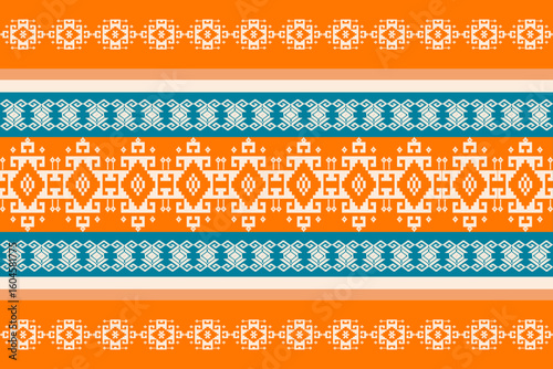 Traditional pixel-art ethnic textile pattern in orange, teal, and white. Ideal for digital prints, fabric designs, and cultural artwork.