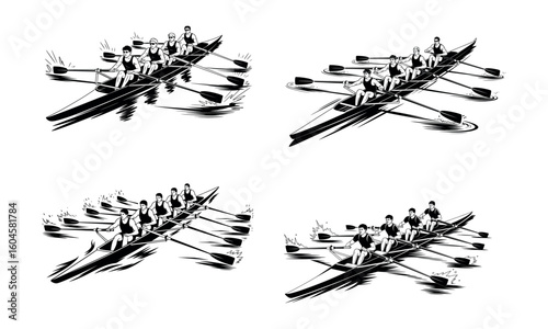Rowing team illustration of athletes paddling in boat sport competition icons in black and white design
