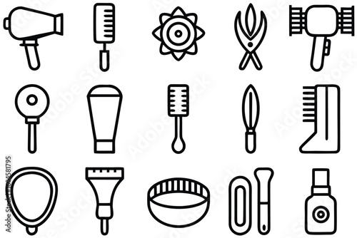 Hairdressing Tools And Beauty Accessories Line Art Icons hairdryer comb