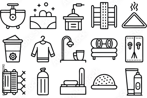 Minimalist line icons of household objects and personal care items line art