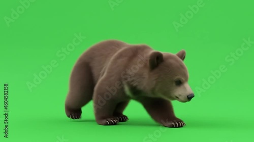 Brown Bear Cub Walking on Green Screen