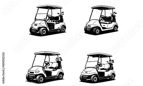 Black and white golf cart illustration set of electric vehicle icons isolated on white background

