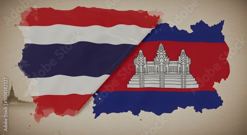Thailand vs Cambodia Flag Overlays, Culture, Travel and Border Concept.