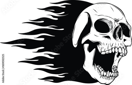 Screaming flaming skull with fire trail vector illustration.
