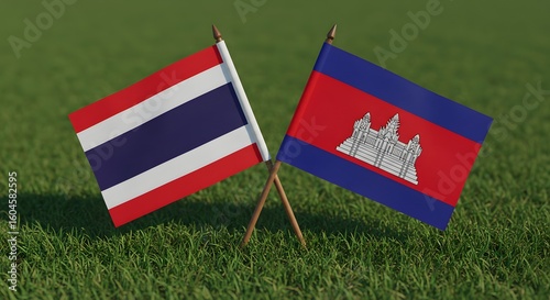 Thailand and Cambodia Flags on Green Grass - National Symbols, Friendship Concept, Cooperation