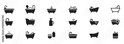 Black Vector Bathtub Icons Featuring Bathing Scenarios for Hygiene and Bathroom Themes