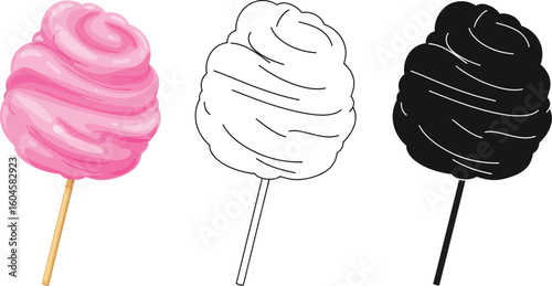 Cotton candy illustration set pink white black vector sweet treat party food design isolated object editable