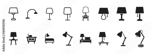 Lamp Icon Set Featuring Table, Bedside, and Desk Lamps in Solid and Outline Styles