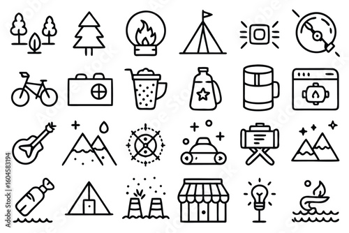 Set of minimalist line icons depicting outdoor activities and camping line art