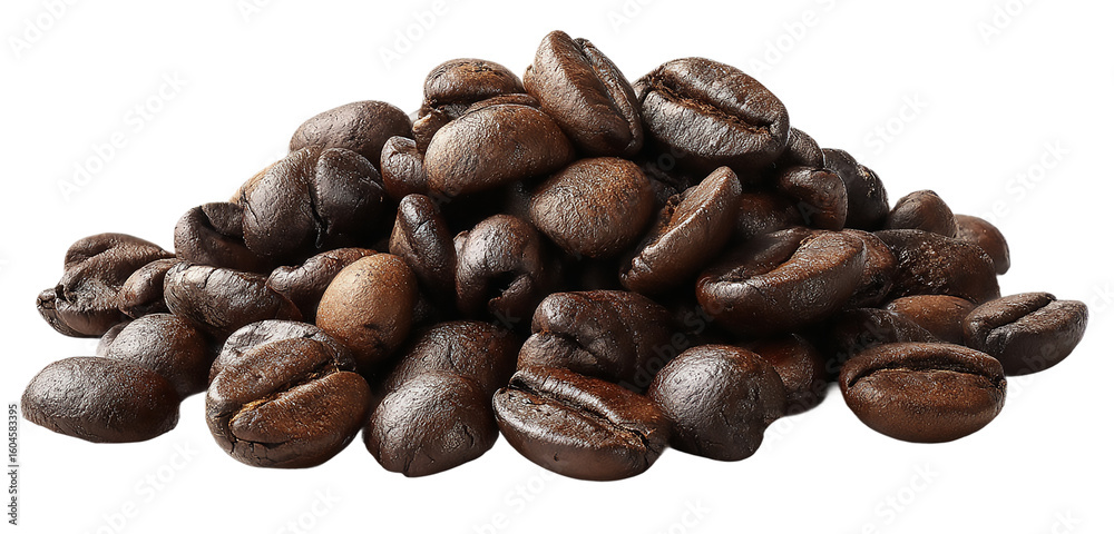 Obraz premium A mound of dark roasted coffee beans isolated on transparent background