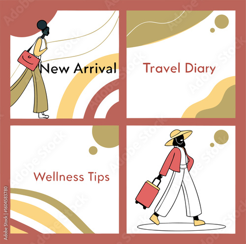 Four square collage featuring new arrival travel diary wellness tips and a woman with luggage design 100