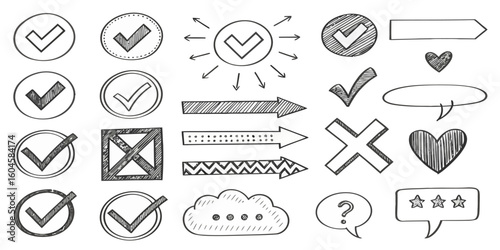 Collection of Hand Drawn Tick and Cross Symbols Arrows Speech Bubbles and Other Graphic Elements for Design Projects
