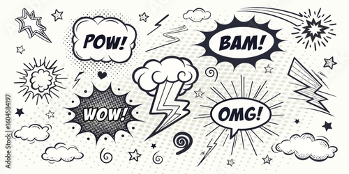 Comic Book Style Sound Effects Explosions and Speech Bubbles with Lightning Bolts and Stars